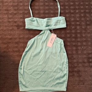 Formal, Teal, silk, halter, bodycon dress with cutouts.